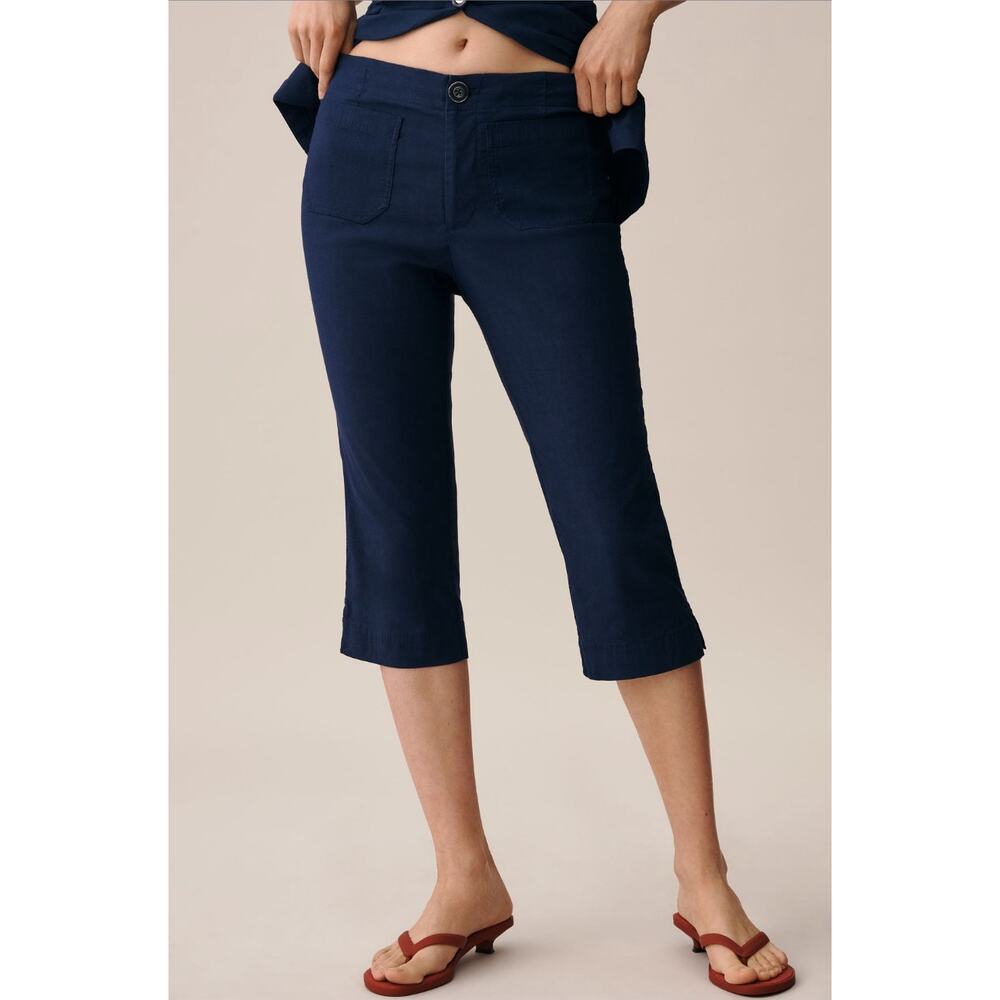 Maeve NWT By Anthropologie Tall Linen Blend Navy Blue Capri Pants Size 2